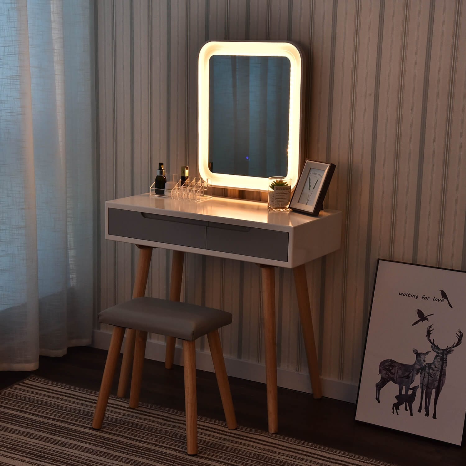 Elecwish makeup dressing table set with square mirror which is in open light status
