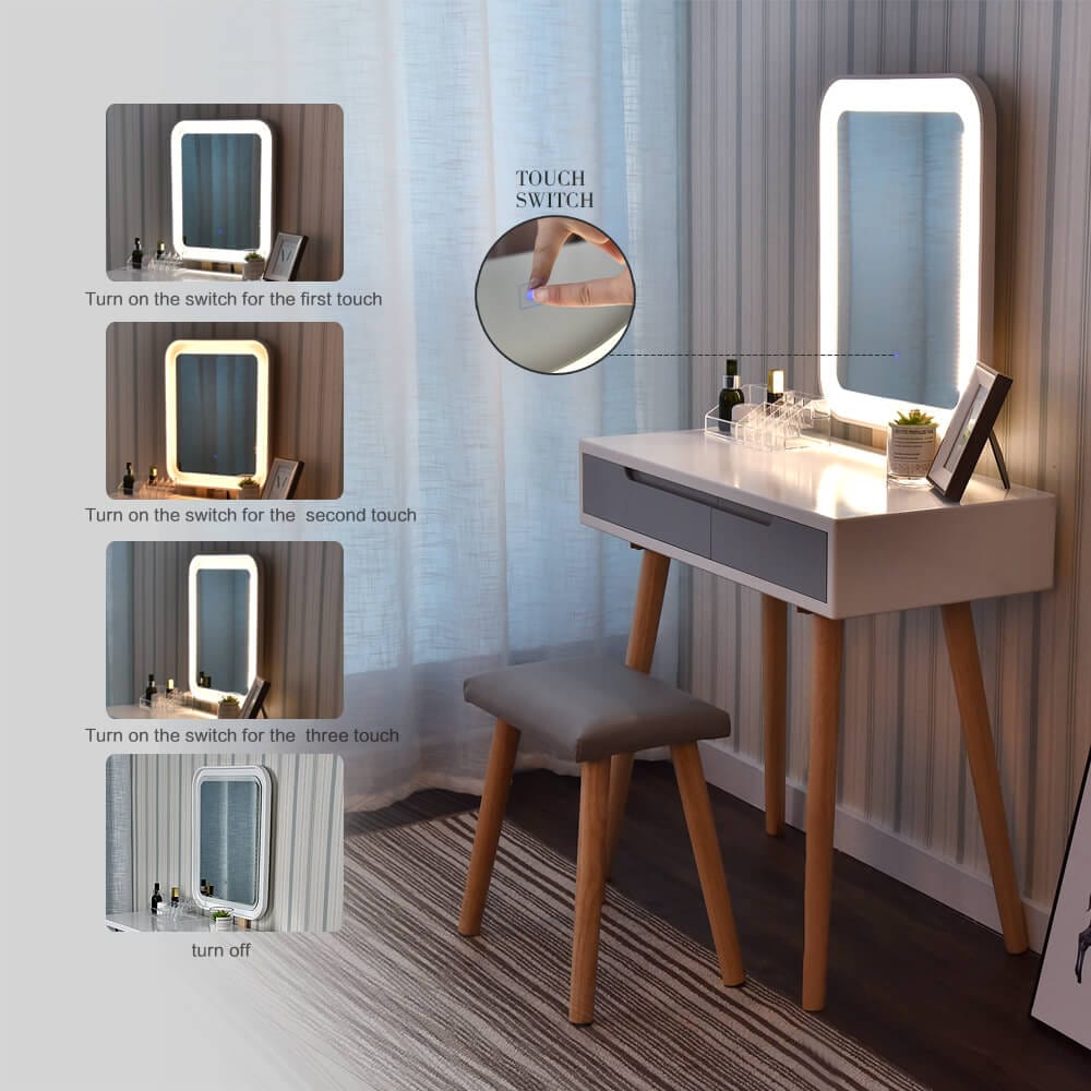 Elecwish makeup dressing table set with square mirror has three different brightness lights