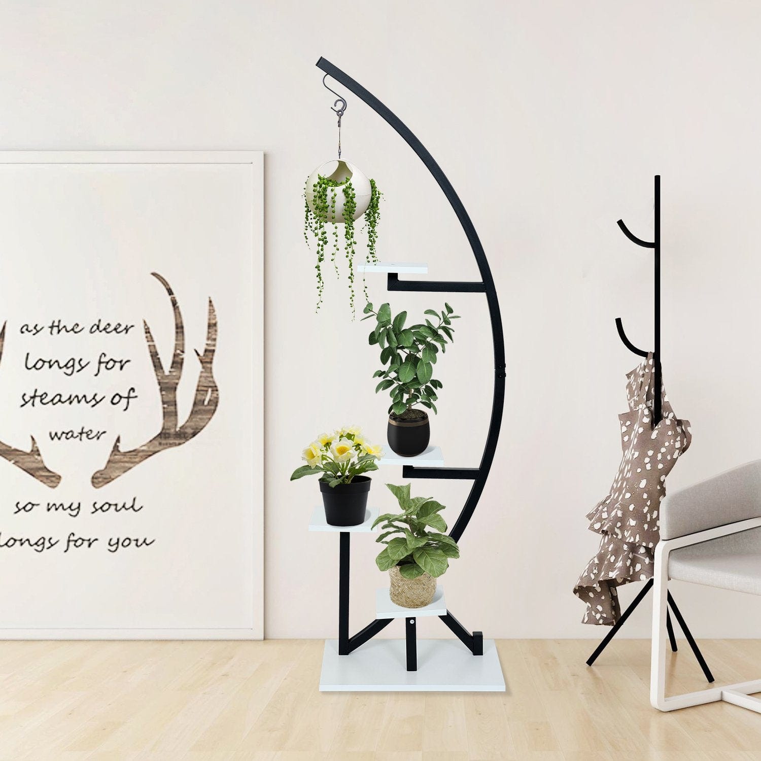 One of Black White Plant Stand Indoor 5 Tier Half Moon Plant Shelf displays