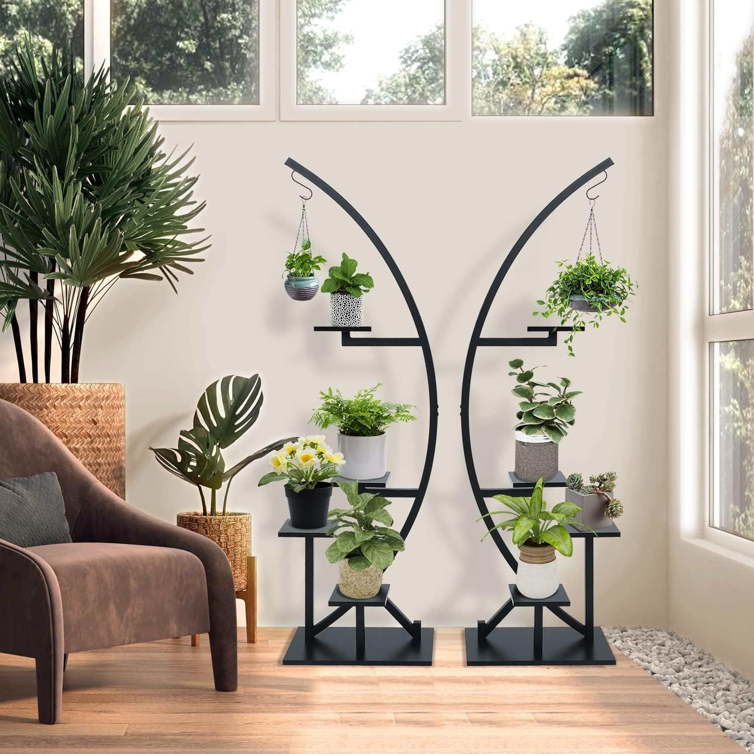 Elecwish Plant Stand Indoor,2 PCS 5 Tier Multiple Tiered Flower Shelves Pot Holder,Black display in livingroom