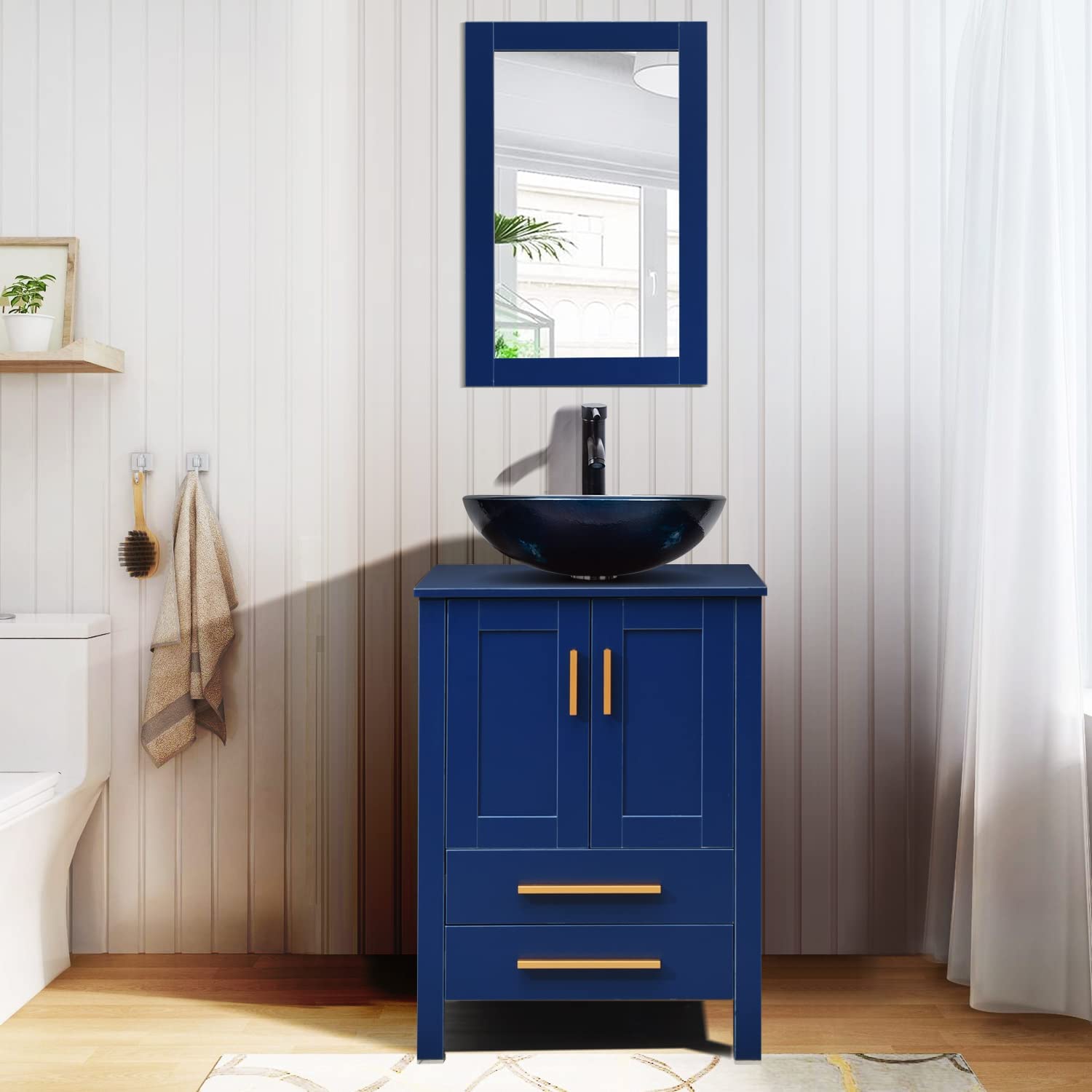 Elecwish vanity  with blue glass sink set stand pedestal cabinet with mirror