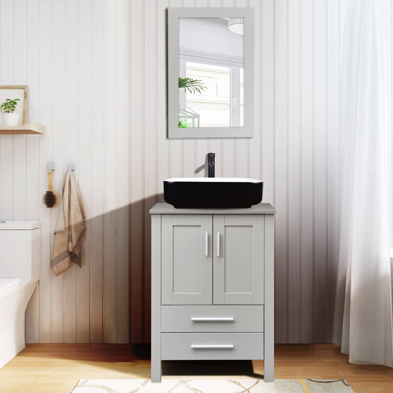 Elecwish gray wood bathroom vanity with black ceramic sink HW1124 in bathroom