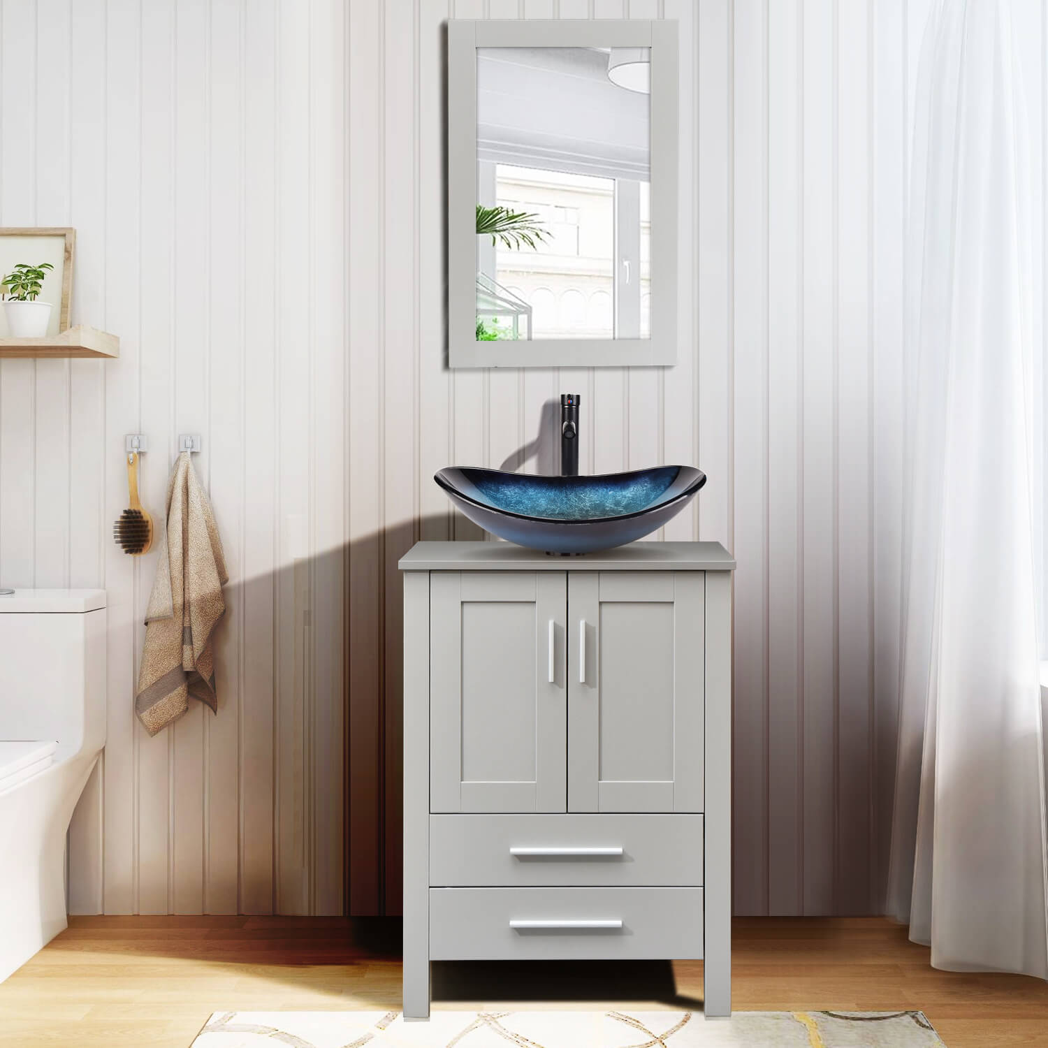 Elecwish gray wood bathroom vanity with blue boat glass sink BG005BL in bathroom