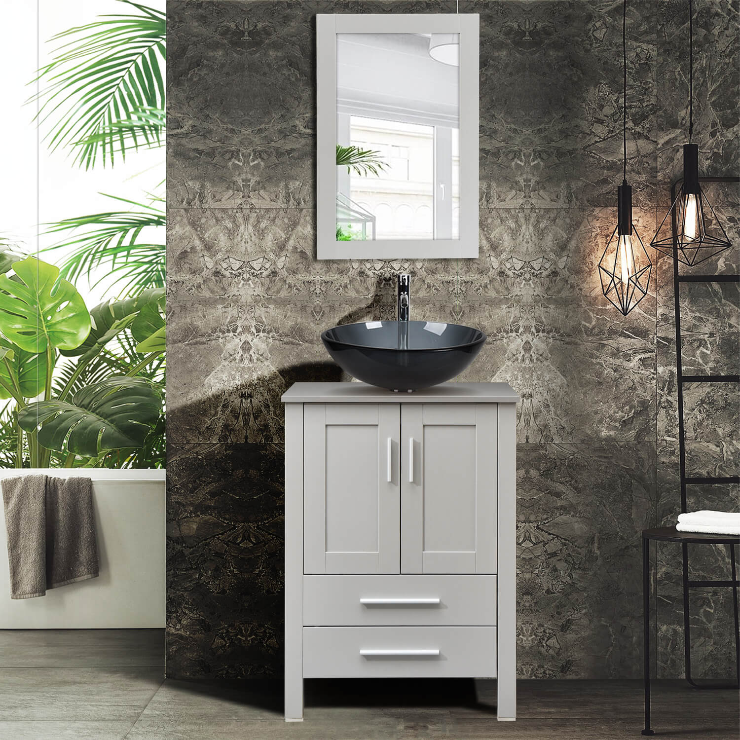 Elecwish gray wood bathroom vanity with bluish grey glass sink BG003 in modern bathroom