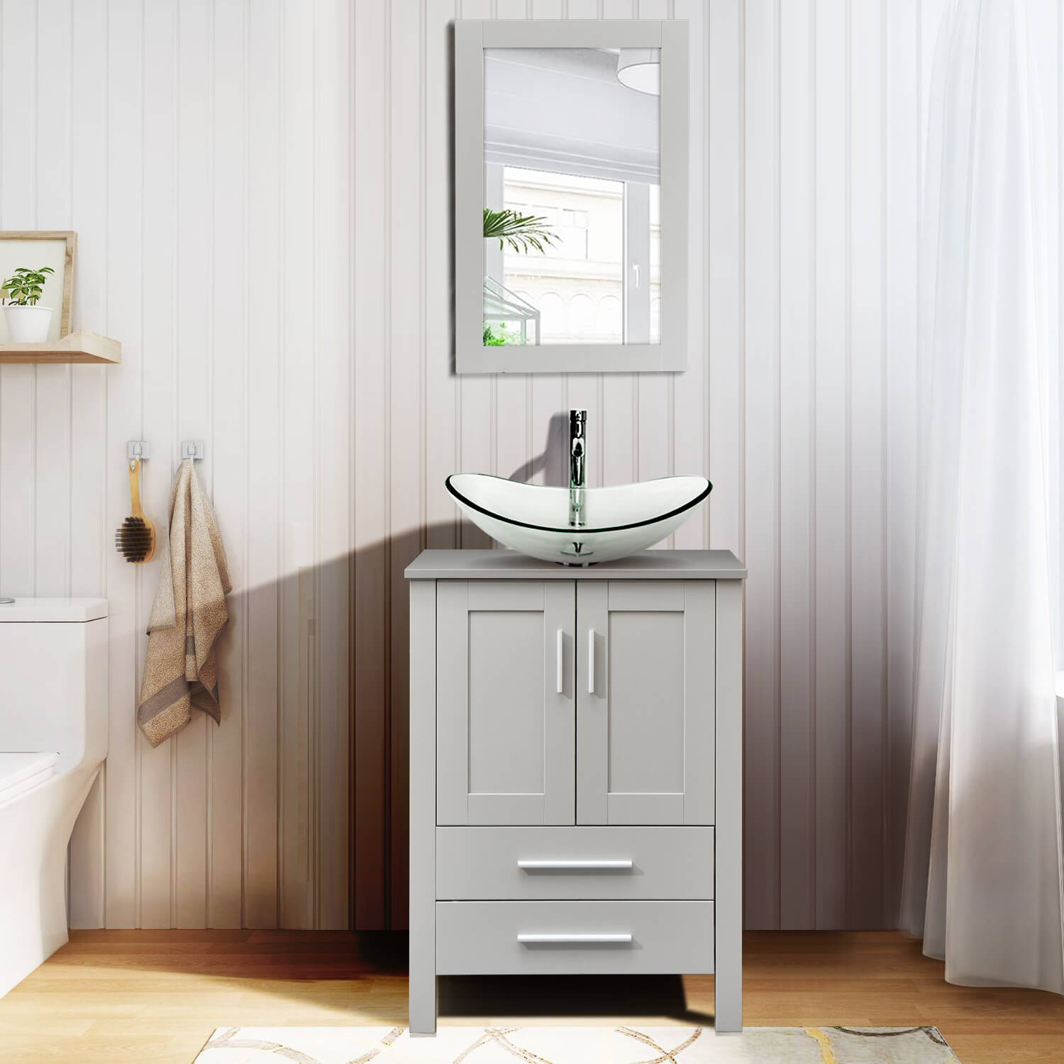 Elecwish gray wood bathroom vanity with boat clear sink BG007 in bathroom