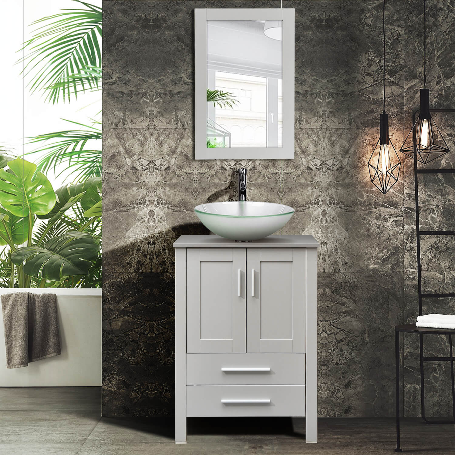 Elecwish gray wood bathroom vanity with frosted glass sink BA20103 in bathroom