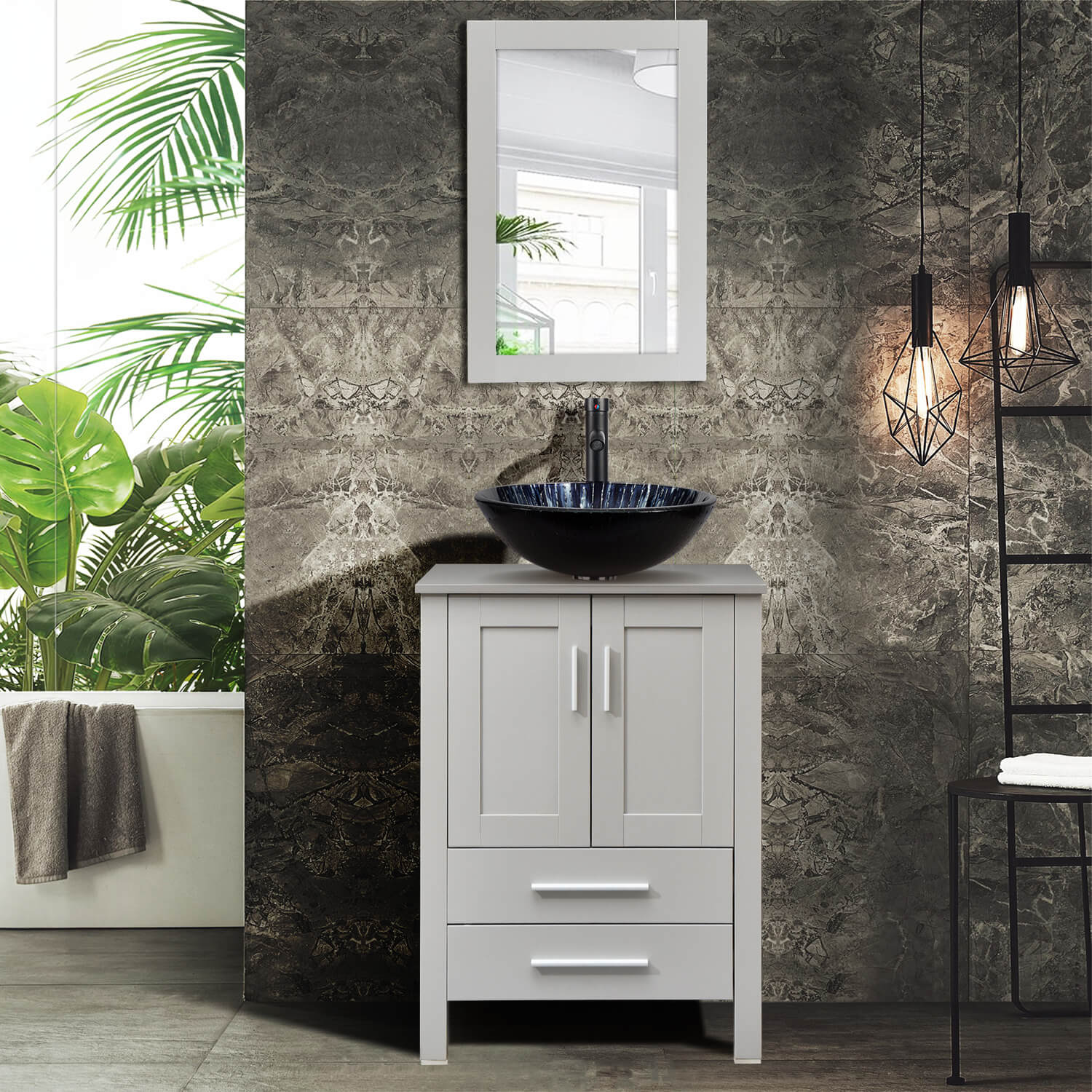 Elecwish gray wood bathroom vanity with patterened round sink in modern bathroom