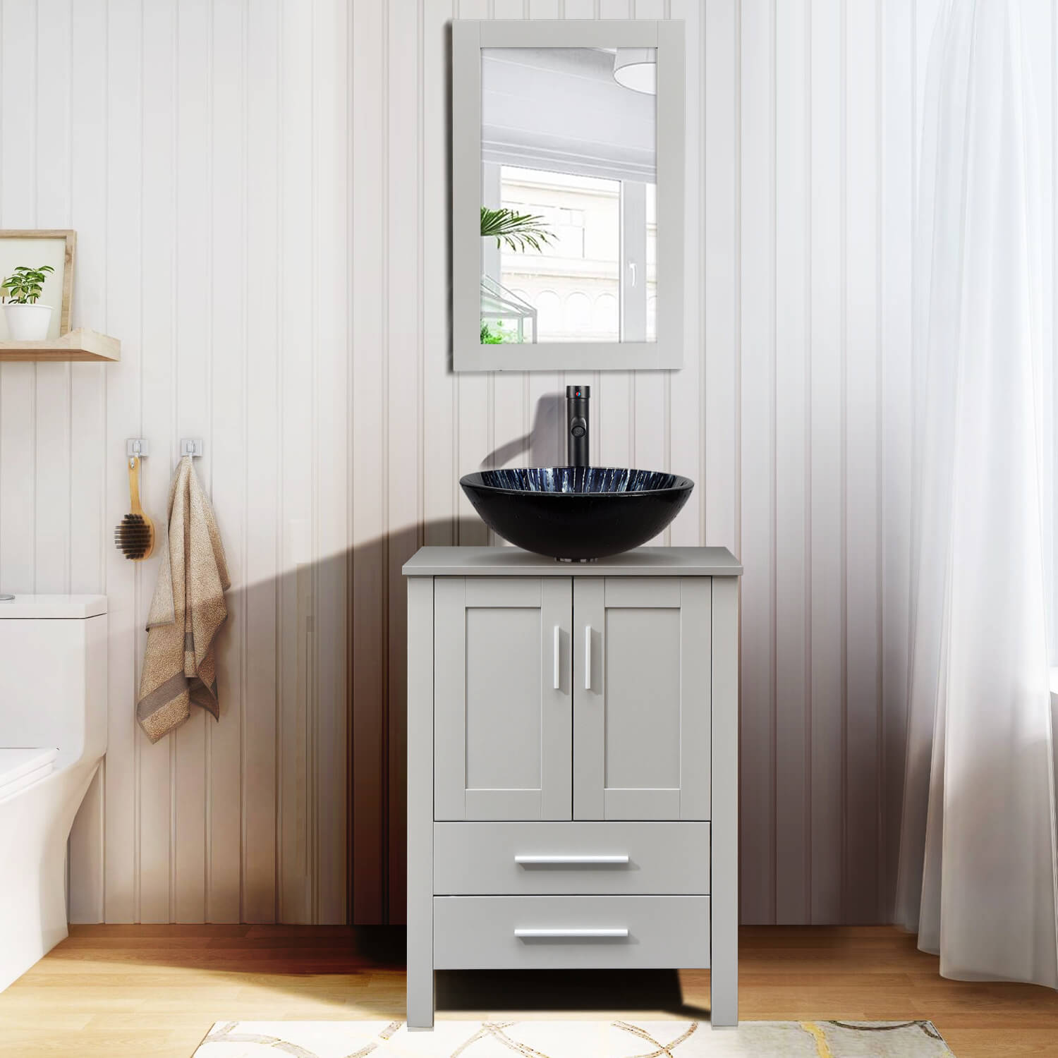 Elecwish gray wood bathroom vanity with patterened round sink in bathroom
