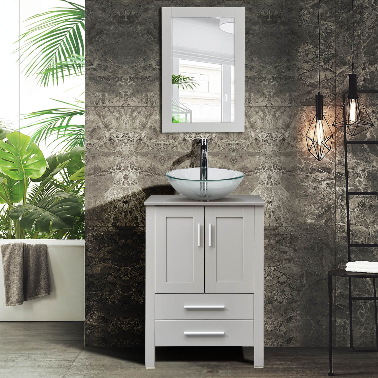 Elecwish gray wood bathroom vanity with round clear sink in bathroom