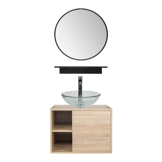 Elecwish Vanity With Round Clear Sink Bathroom Vanity Wall Mounted Cabinet Glass Sink Mirror Combo