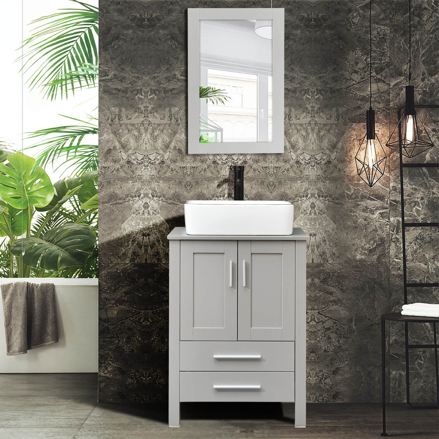 Elecwish gray wood bathroom vanity with white ceramic sink HW1125 displays in bathroom