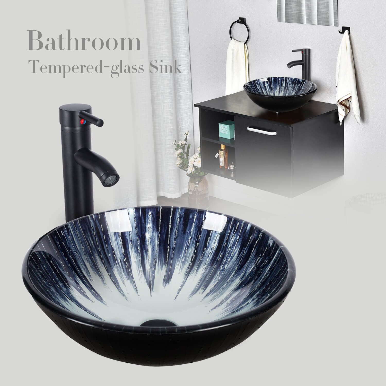 Elecwish Dark Blue Round Bathroom Vessel Sink BG1003 display scene