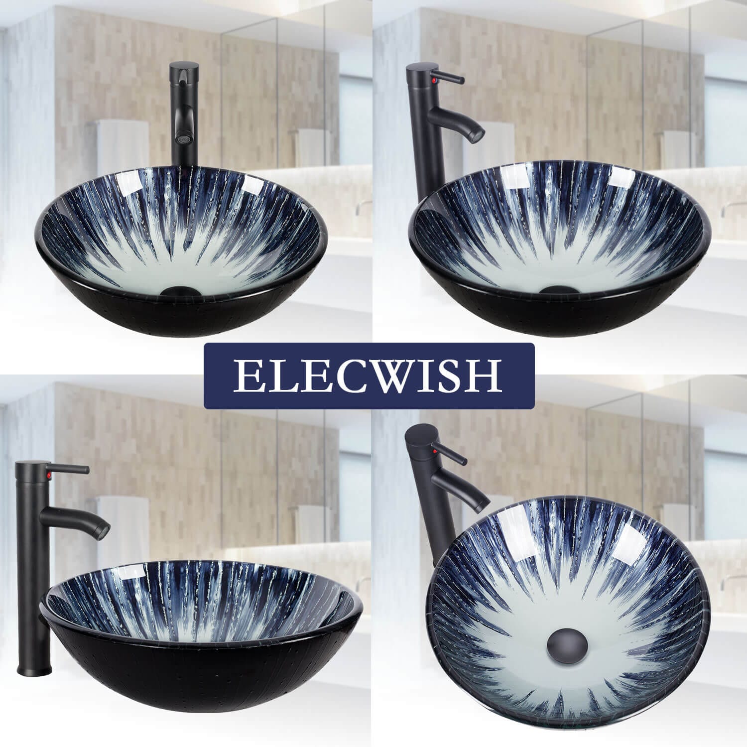 Different angle views of Elecwish Dark Blue Round Bathroom Vessel Sink BG1003 display scene