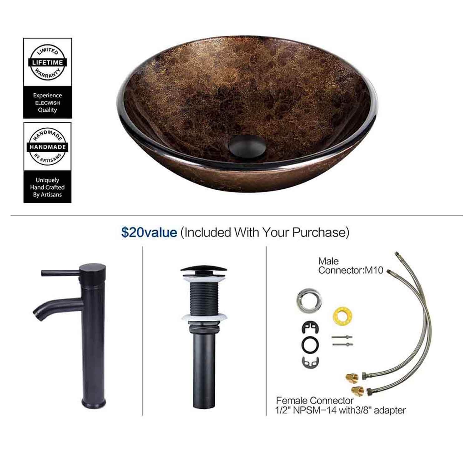 Artistic Round Bathroom Vessel Sink with Faucet (Dark brown) detail image