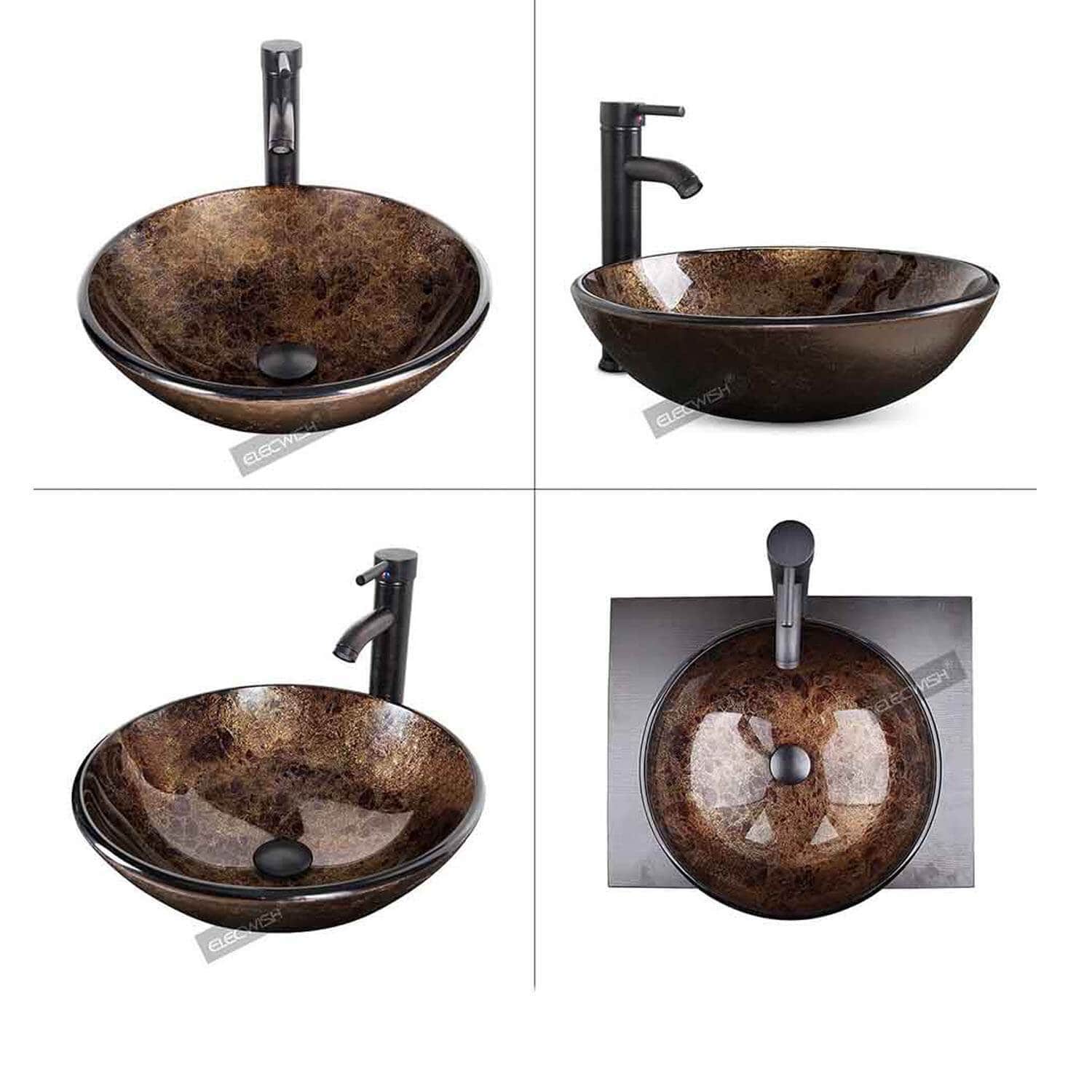 Artistic Round Bathroom Vessel Sink with Faucet (Dark brown) detail image