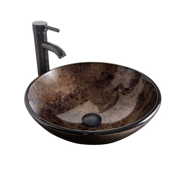 Artistic Round Bathroom Vessel Sink with Faucet (Dark brown) side front view