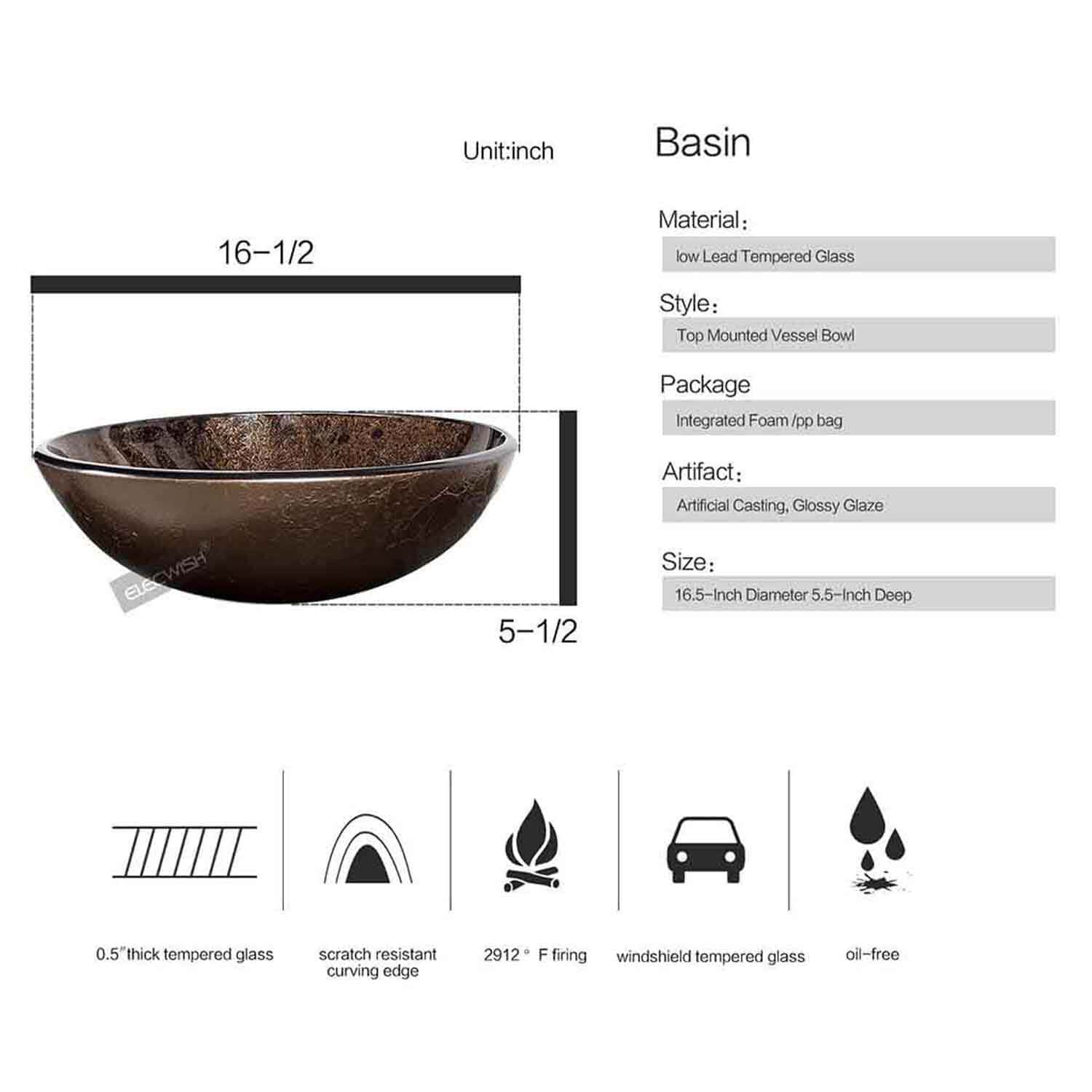 Artistic Round Bathroom Vessel Sink with Faucet (Dark brown) detail image