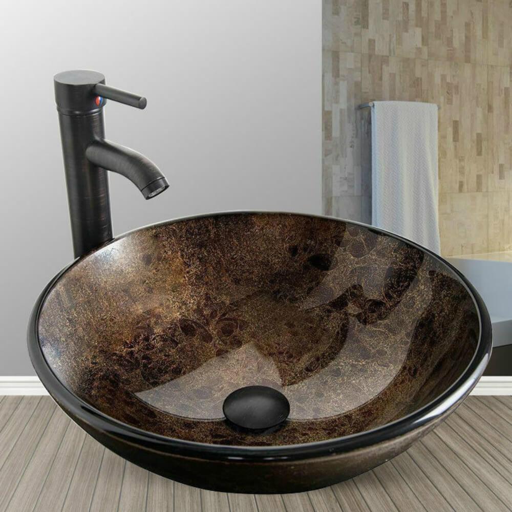 Artistic Round Bathroom Vessel Sink with Faucet (Dark brown) scene image