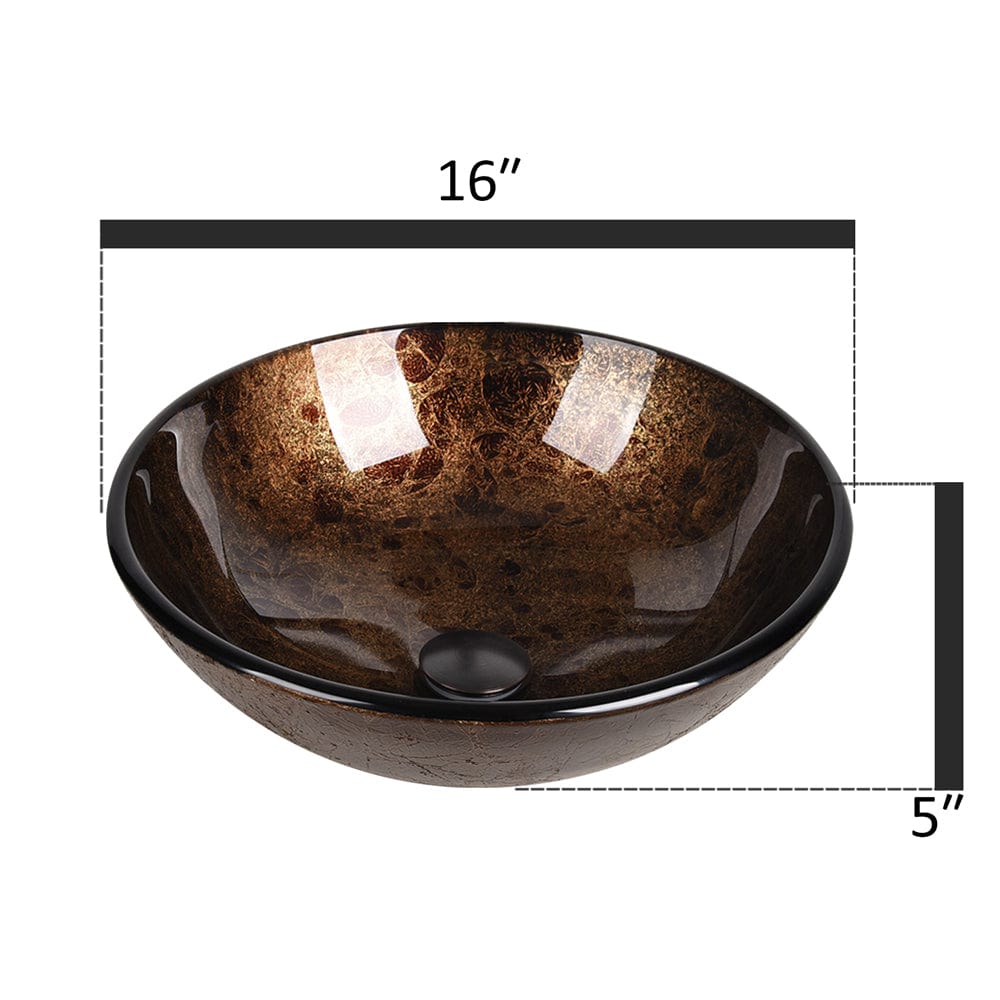 Elecwish Vessel Sinks Artistic Round Bathroom Vessel Sink Glass Combo with Faucet Drain,Brown