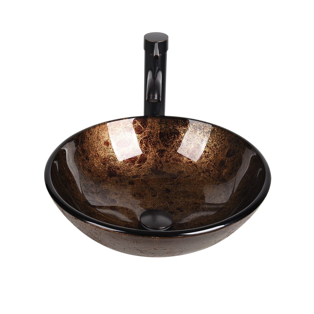 Elecwish Vessel Sinks Artistic Round Bathroom Vessel Sink Glass Combo with Faucet Drain,Brown