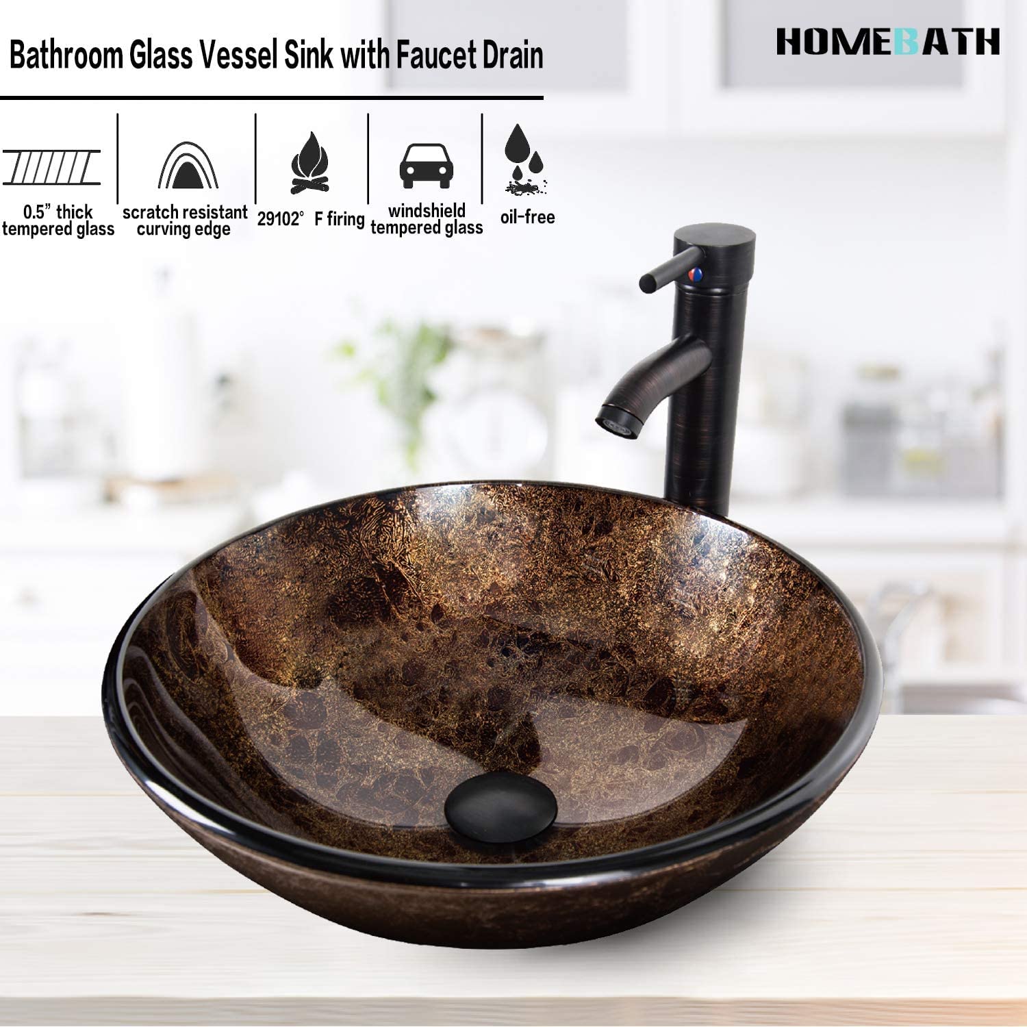 Elecwish Vessel Sinks Artistic Round Bathroom Vessel Sink Glass Combo with Faucet Drain,Brown