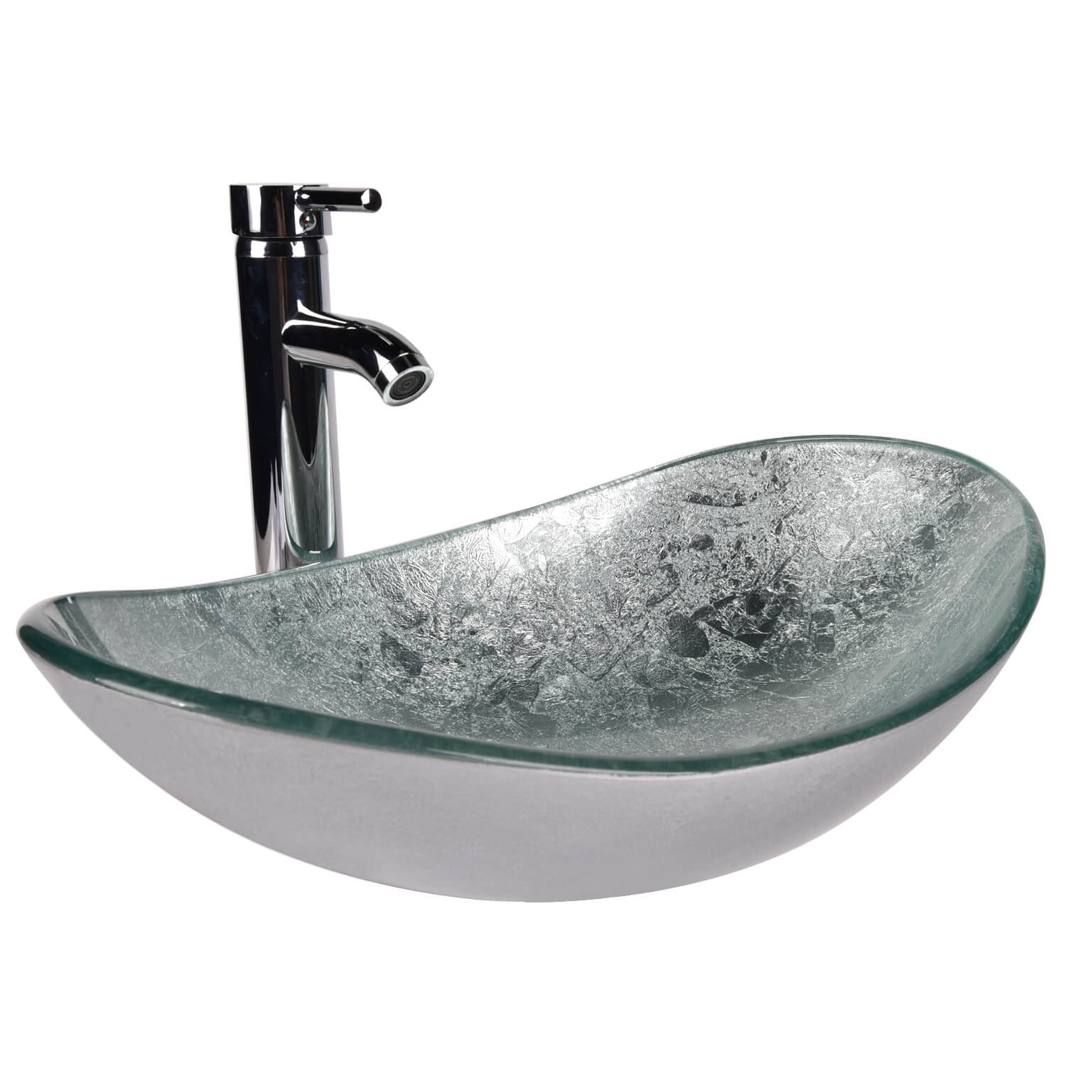 Elecwish Vessel Sinks Bathroom Artistic Glass Vessel Sink with Faucet Drain,Oval Silver