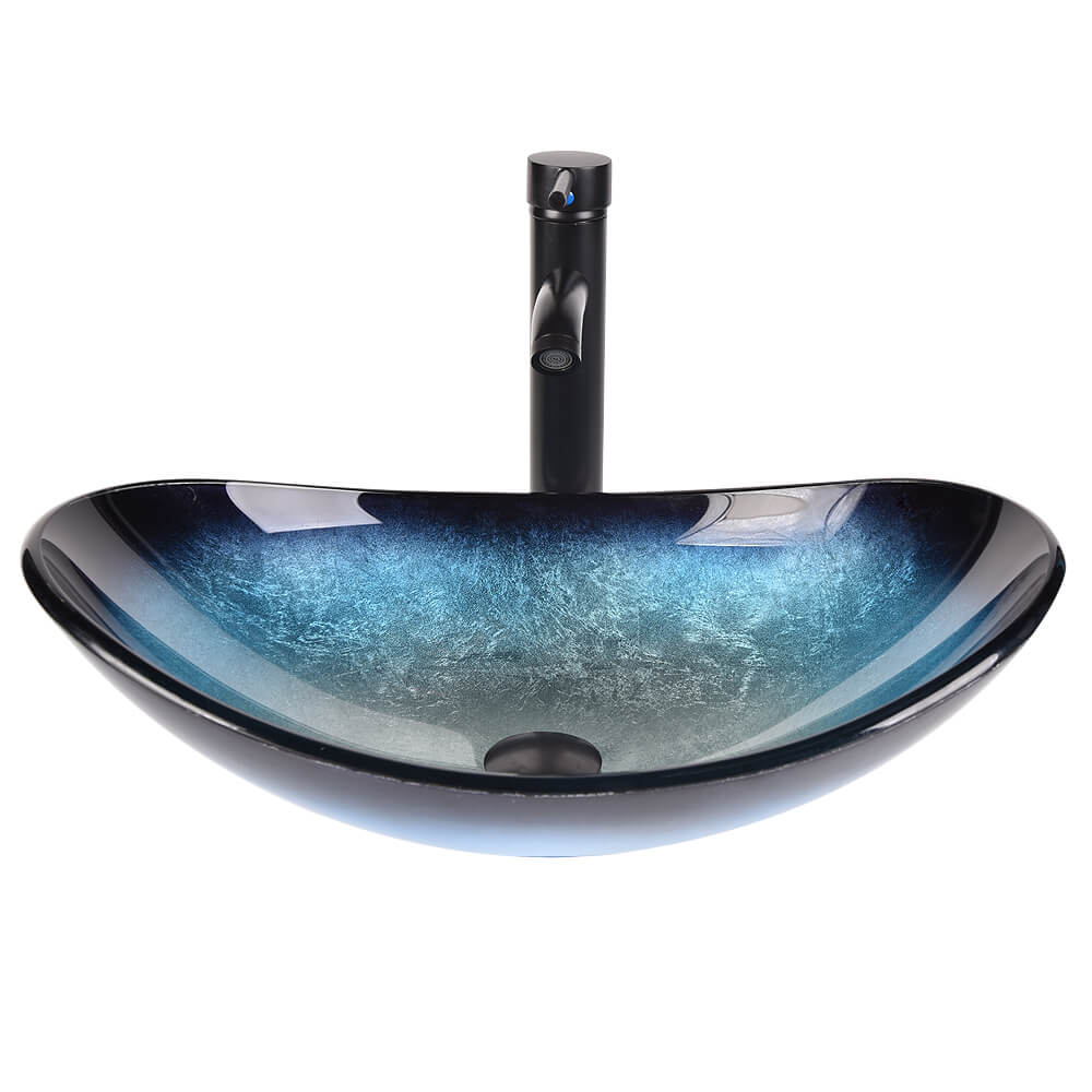 Bathroom Artistic Glass Vessel Sink With Faucet (Boat Shape) front view
