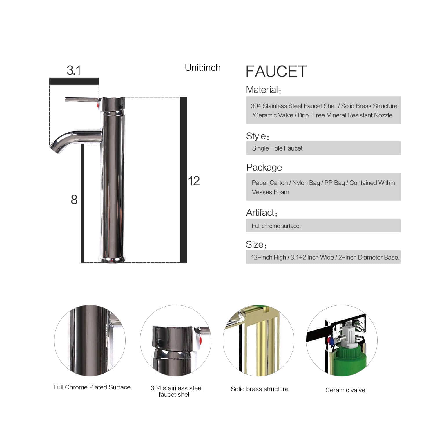Elecwish vessel sink faucet size and features