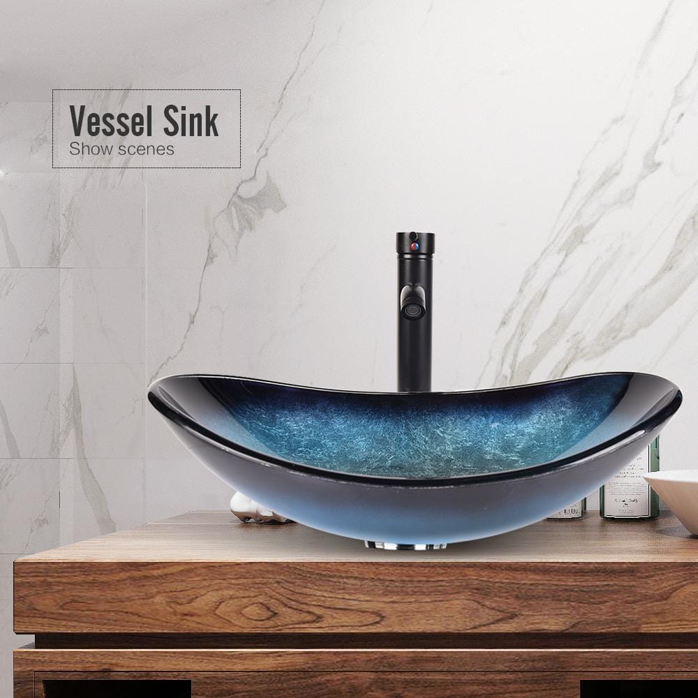 Elecwish Vessel Sinks Bathroom Artistic Glass Vessel Sink with Faucet Drain,Oval Ocean Blue