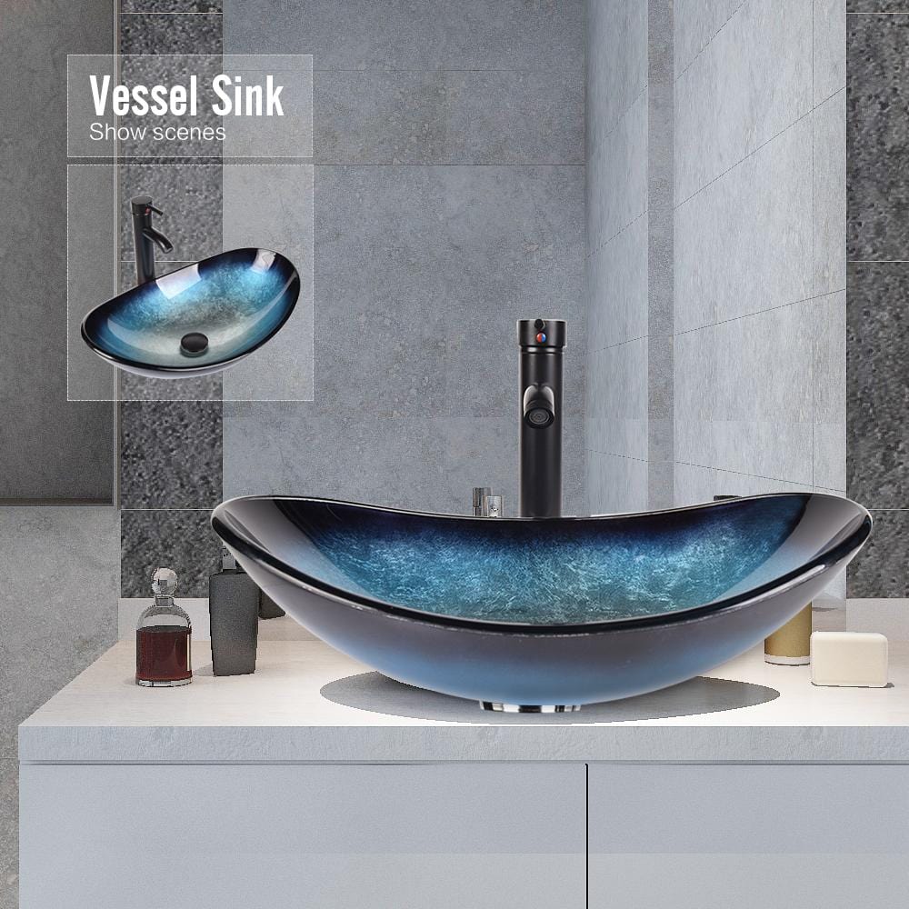 Elecwish Vessel Sinks Bathroom Artistic Glass Vessel Sink with Faucet Drain,Oval Ocean Blue