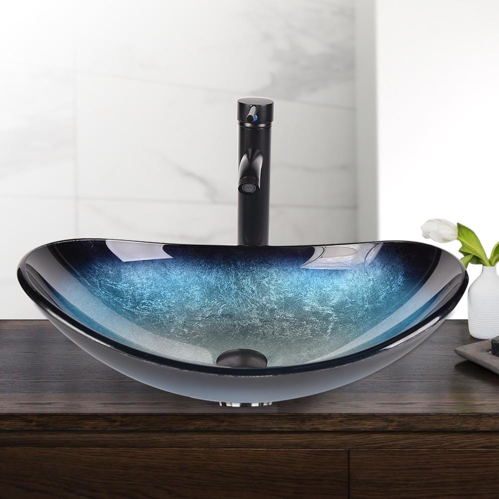 Elecwish Vessel Sinks Bathroom Artistic Glass Vessel Sink with Faucet Drain,Oval Ocean Blue