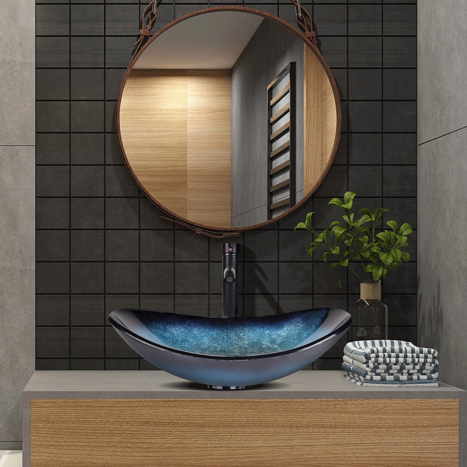 Elecwish Vessel Sinks Bathroom Artistic Glass Vessel Sink with Faucet Drain,Oval Ocean Blue