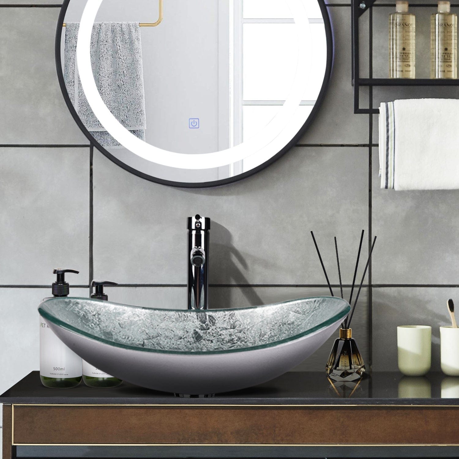 Elecwish Vessel Sinks Bathroom Artistic Glass Vessel Sink with Faucet Drain,Oval Silver