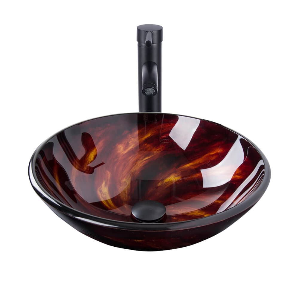 Elecwish Vessel Sinks Bathroom Artistic Vessel Sink Glass Bowl Drain Faucet Combo,Flame Red