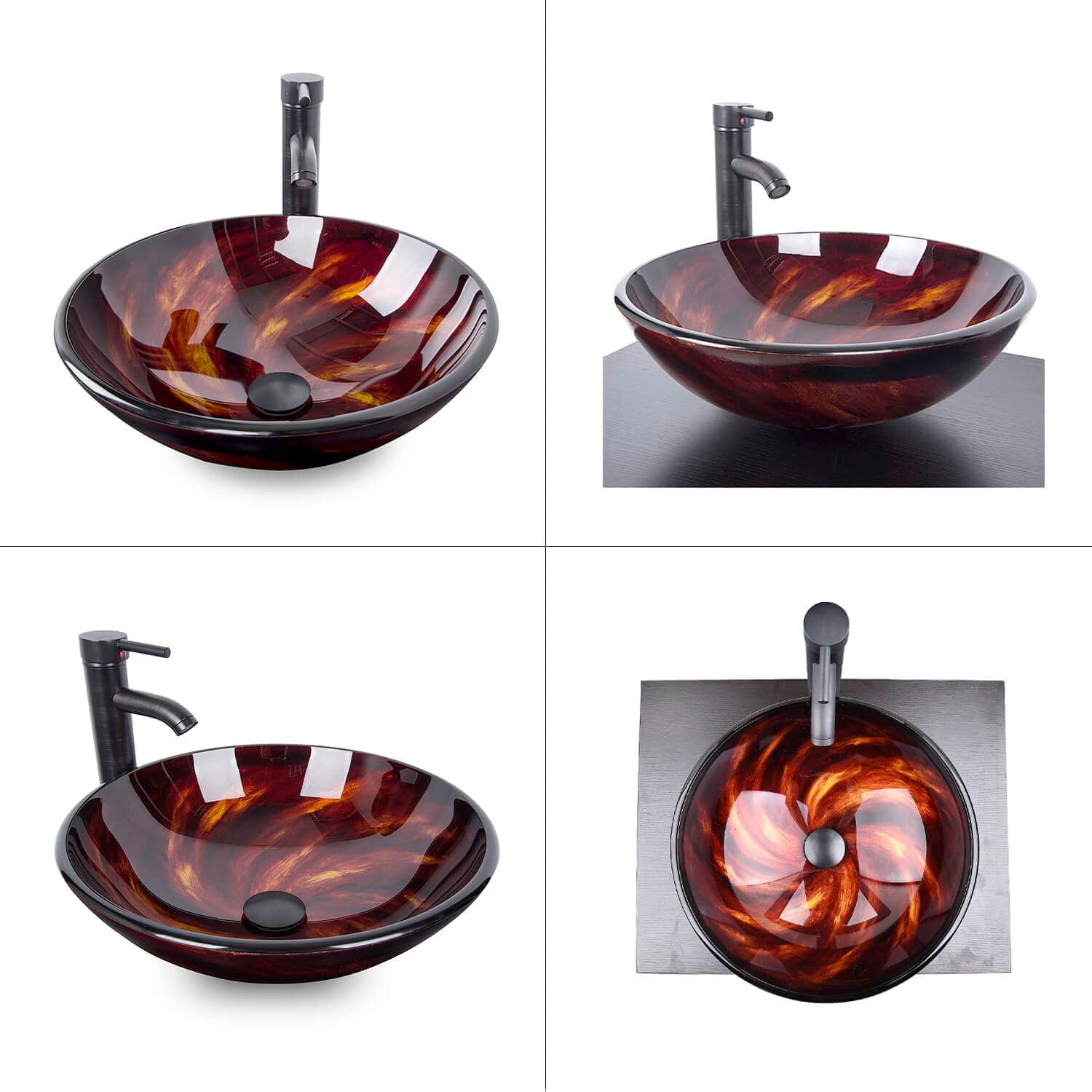 Four angles of Elecwish Vessel Sinks Bathroom Artistic Vessel Sink Glass Bowl Drain Faucet Combo,Flame Red