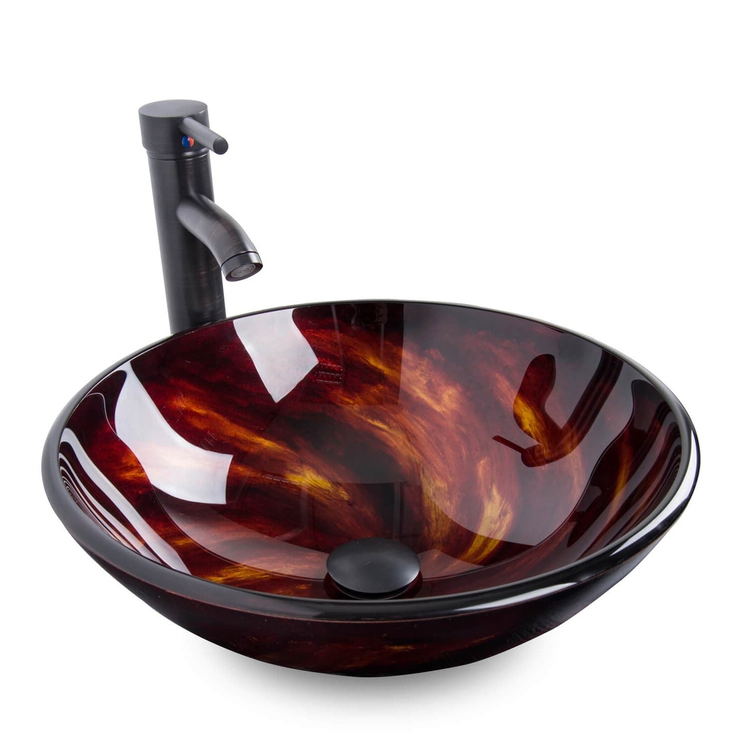 Elecwish Vessel Sinks Bathroom Artistic Vessel Sink Glass Bowl Drain Faucet Combo,Flame Red