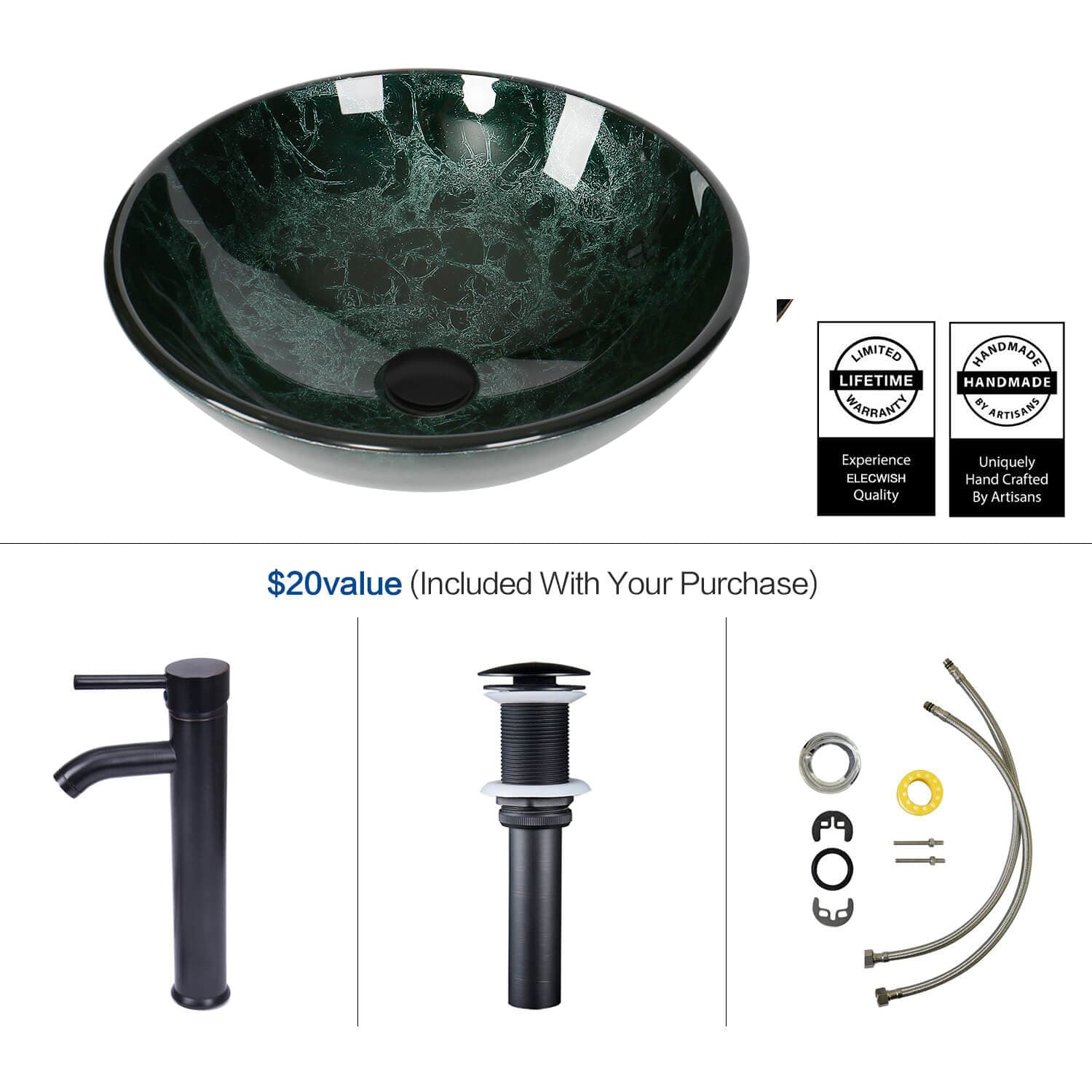 Complete parts of Elecwish Vessel Sinks Bathroom Artistic Vessel Sink Glass Bowl Faucet Drain Combo,Green are included
