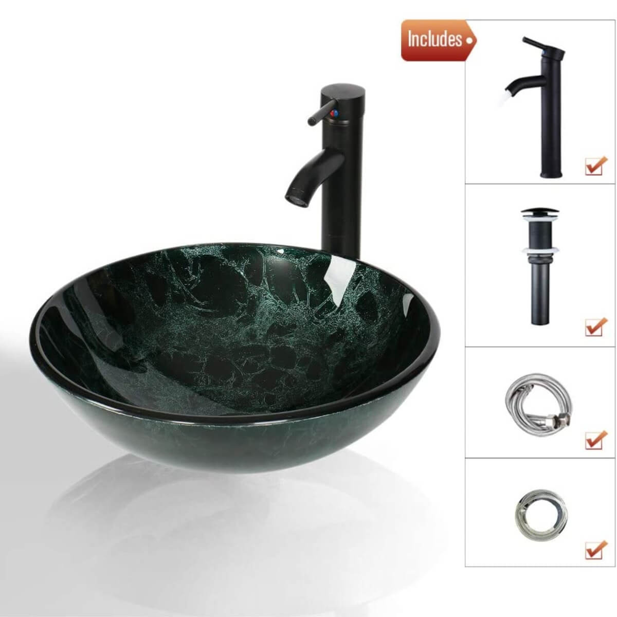 Elecwish Vessel Sinks Bathroom Artistic Vessel Sink Glass Bowl Faucet Drain Combo,Green includes complete parts