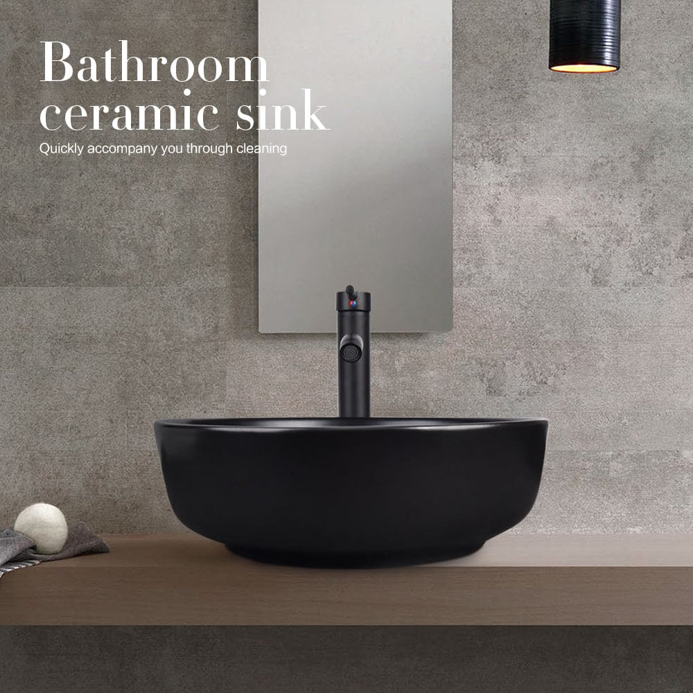 Elecwish Vessel Sinks Bathroom Sink and Faucet Combo Ceramic Vessel Sink Basin,Round Black