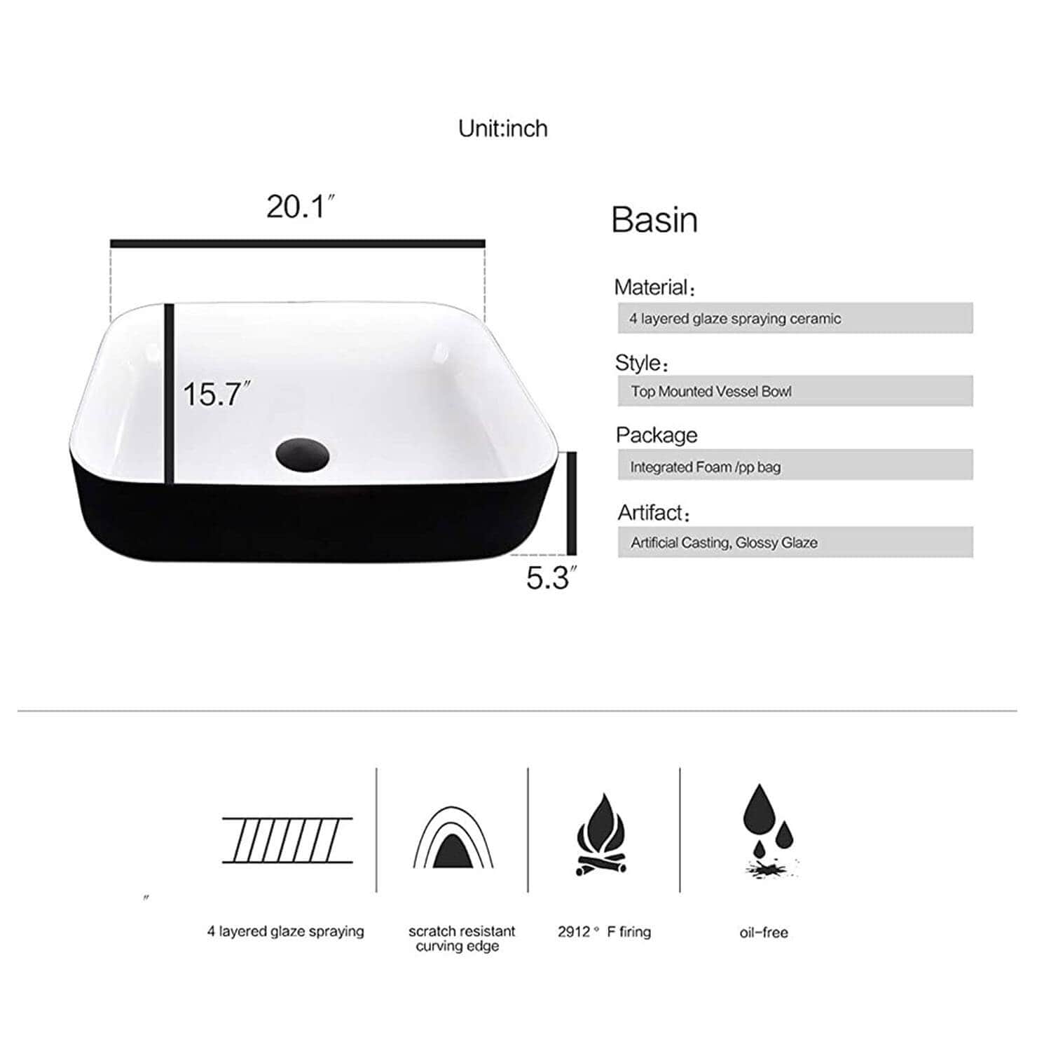 Elecwish Black & White Rectangular Ceramic Vessel Sink HW1124 basin size and specification