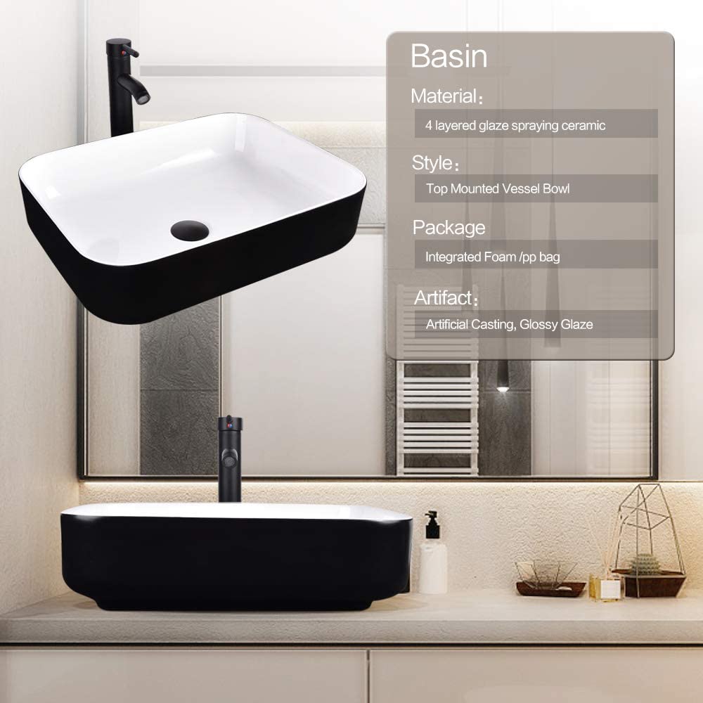 Elecwish Vessel Sinks Black and White Ceramic Bathroom Sink Faucet and Drain Combo basin features