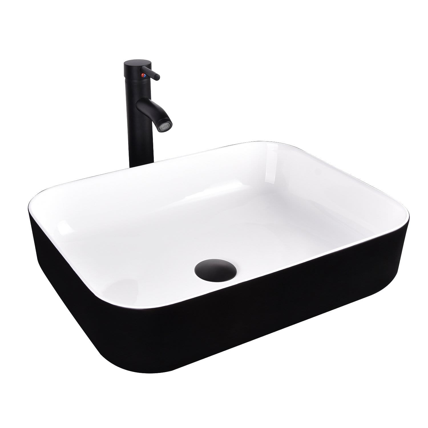 Elecwish Vessel Sinks Black and White Ceramic Bathroom Sink Faucet and Drain Combo,Rectangle