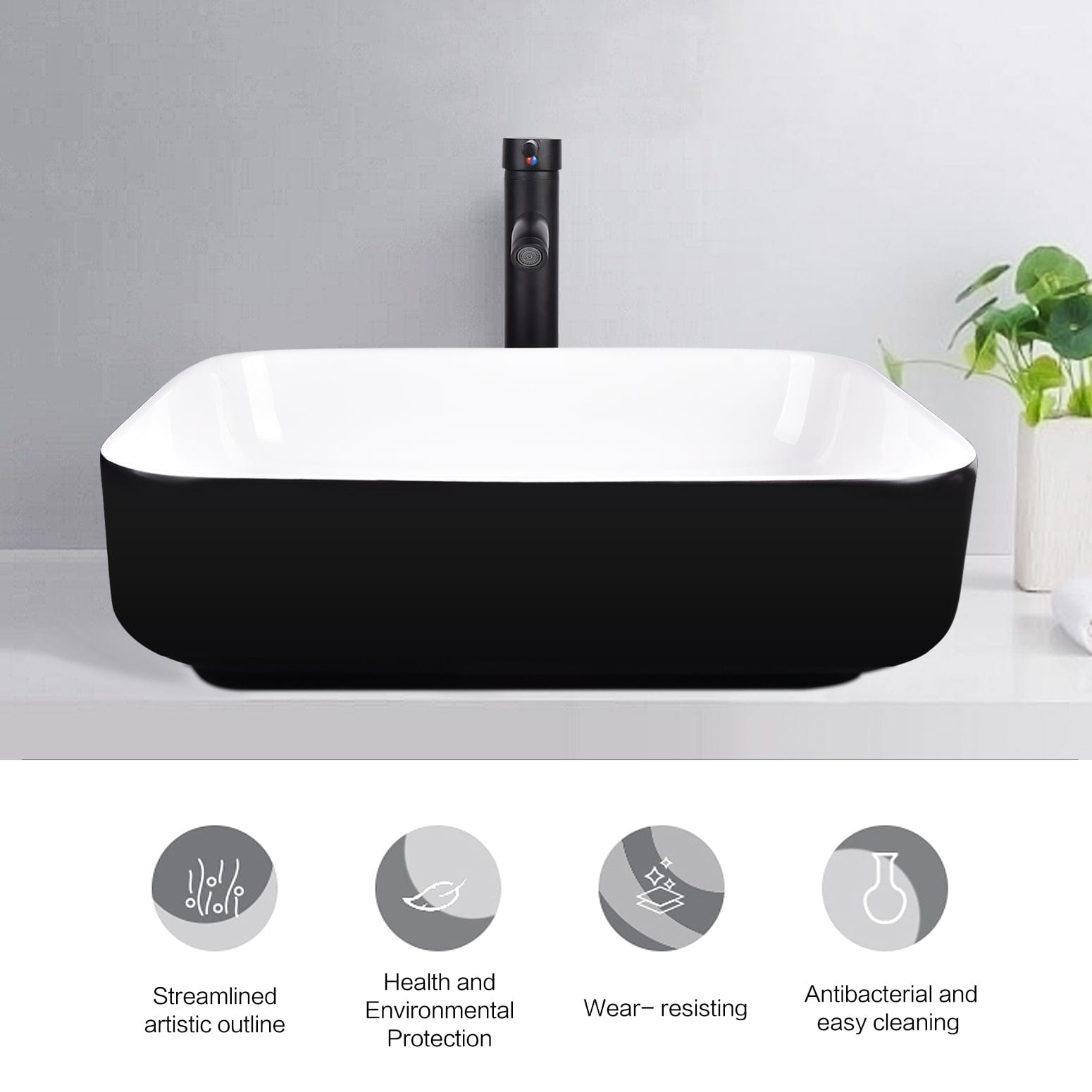 Elecwish Vessel Sinks Black and White Ceramic Bathroom Sink Faucet and Drain Combo has 4 features