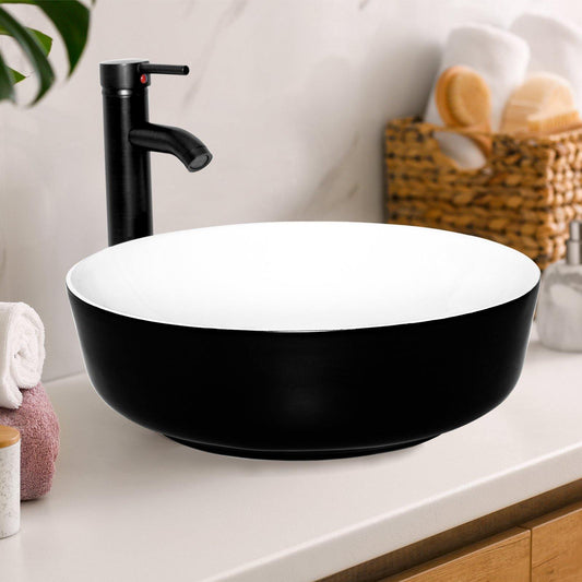 Black and White Round Ceramic Vessel Sink BG1009 display scene