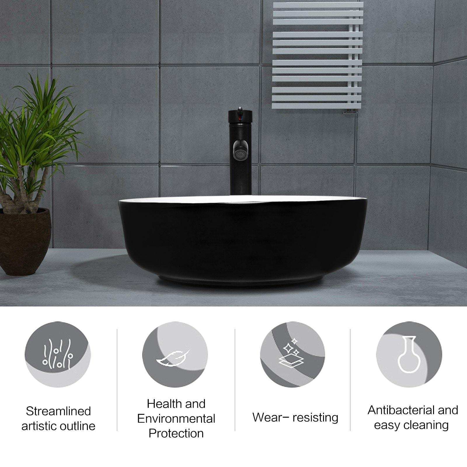 Features of Black and White Round Ceramic Vessel Sink BG1009