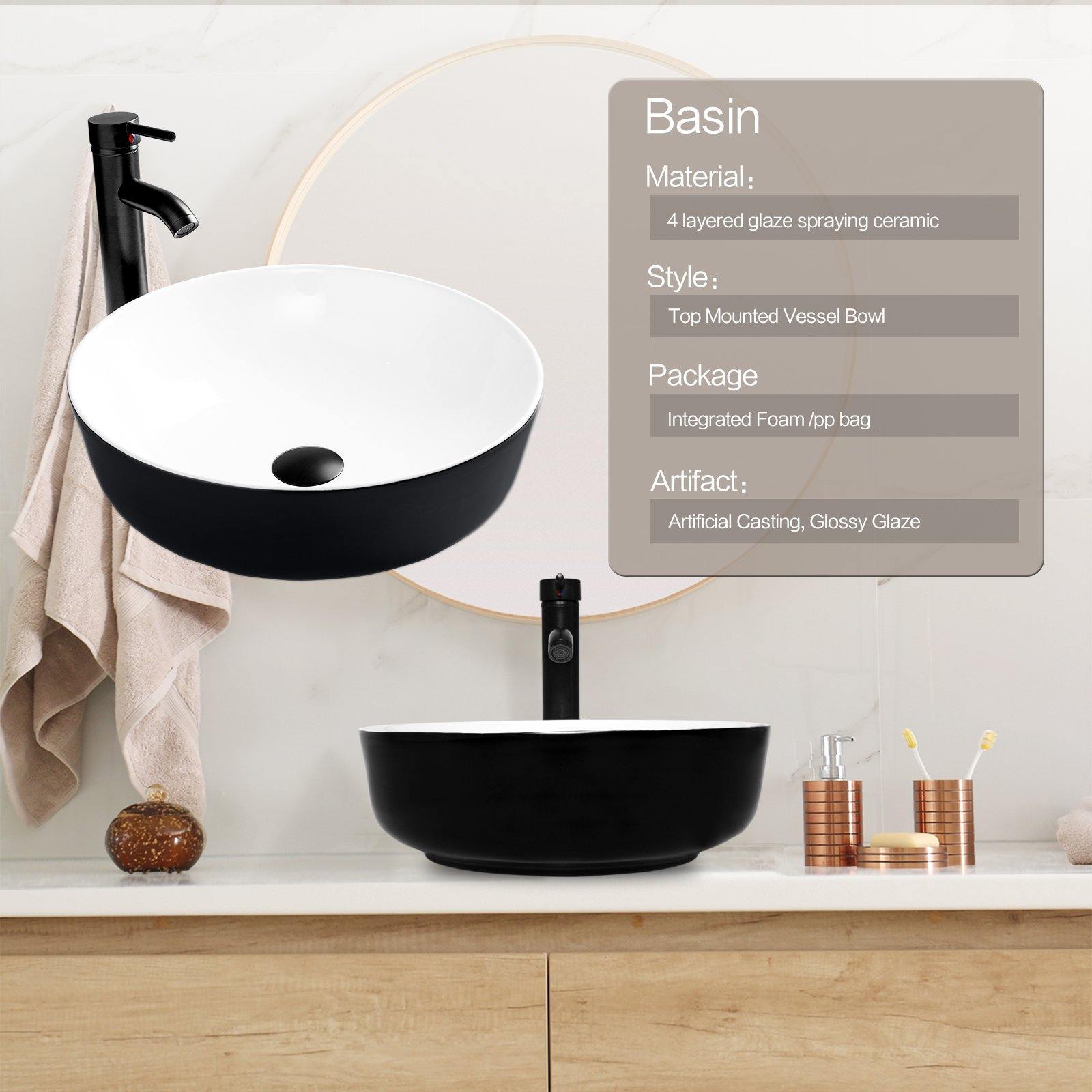 Elecwish Vessel Sinks Ceramic Bathroom Sink with Faucet Drain Combo,Round Black and White basin specification