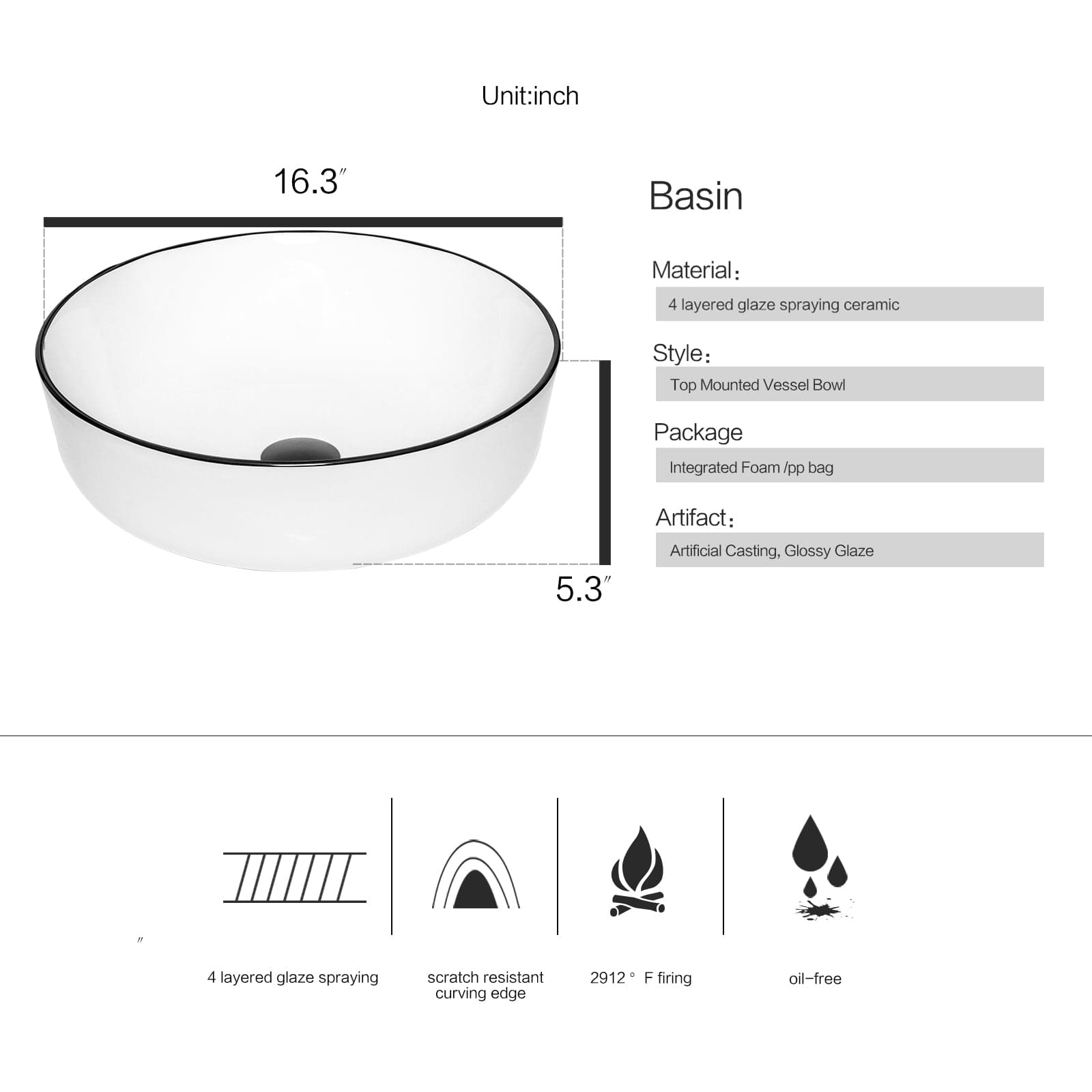 Elecwish White Ceramic Vessel Sink BG1009 size and specification