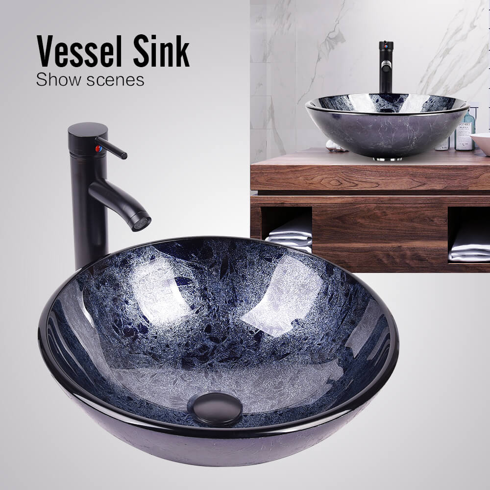 Round Bluish Grey Vessel Sink Tempered Glass