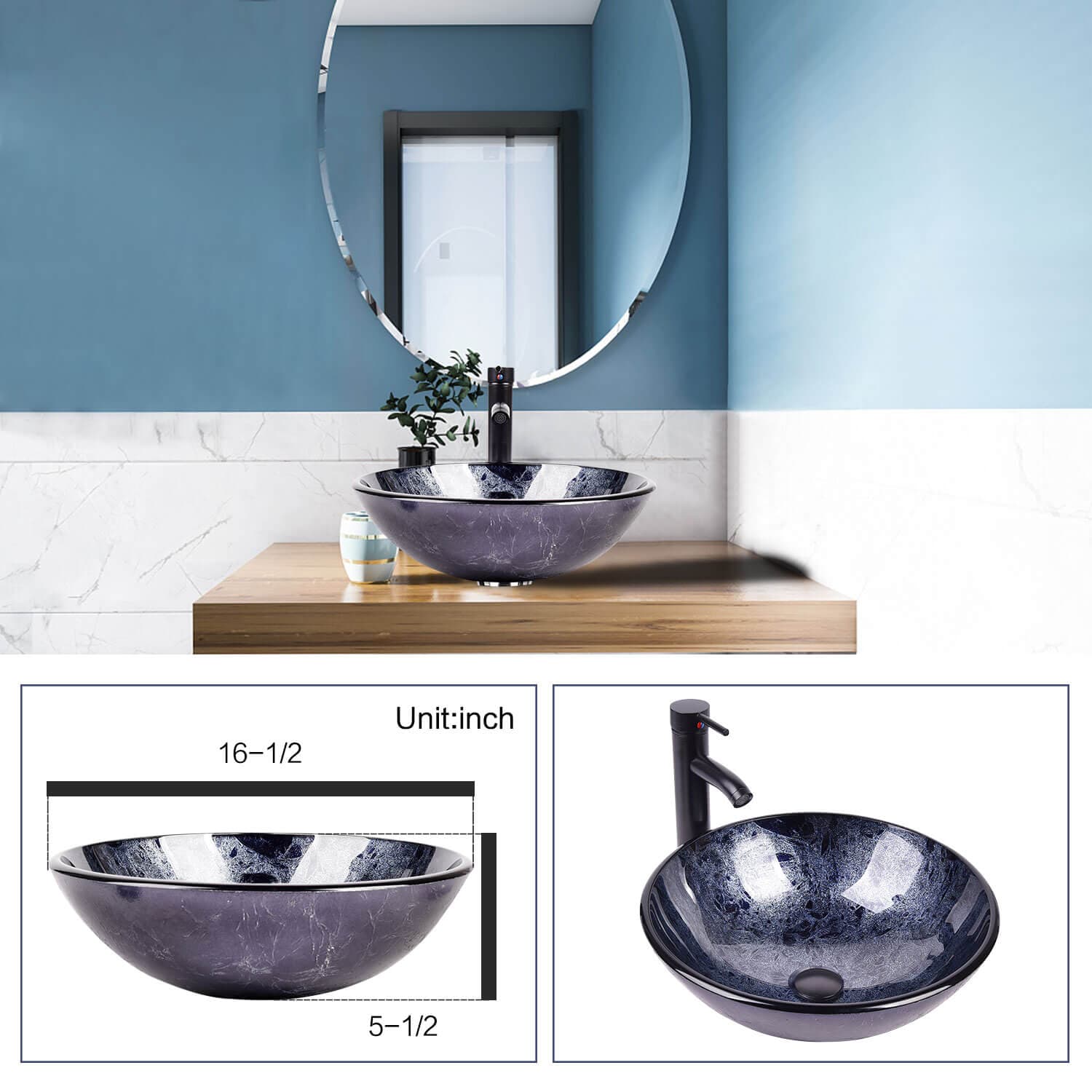 Elecwish Vessel Sinks Glass Bathroom Vessel Sink 16.5" BG1002 size and display scene