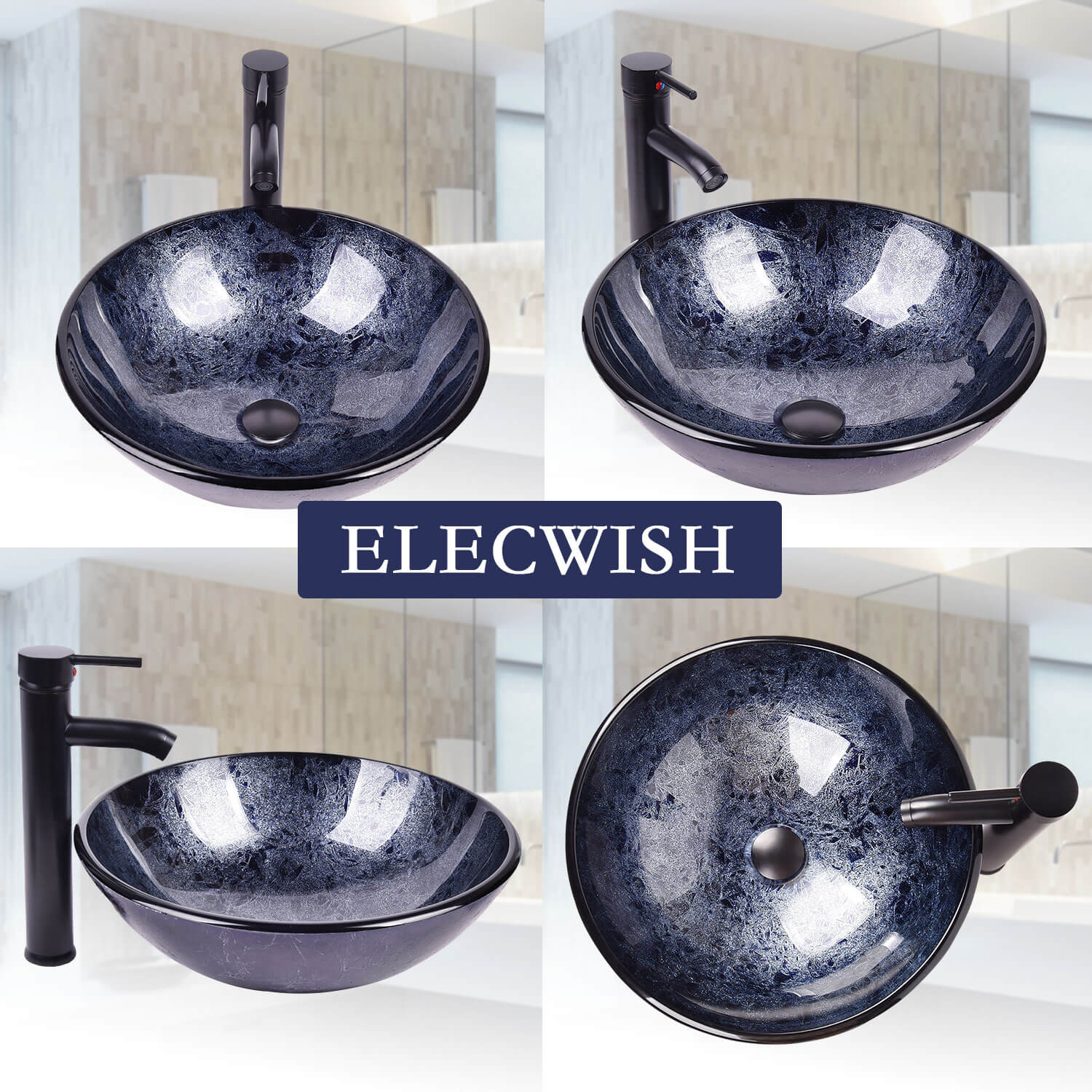 Elecwish Vessel Sinks Glass Bathroom Vessel Sink 16.5" BG1002